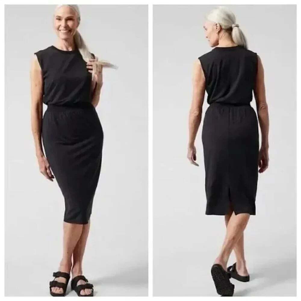 Athleta Santorini Cinch Midi Dress Size Medium Black Work Travel Athleisure